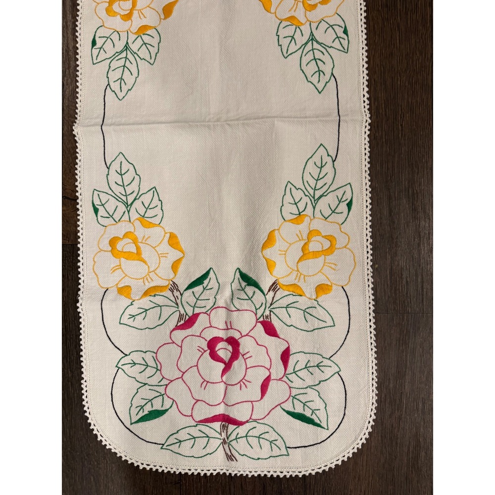 Vintage 37 X 16Embroidered Floral Table Runner White Linen Pink Yellow Rose Lace